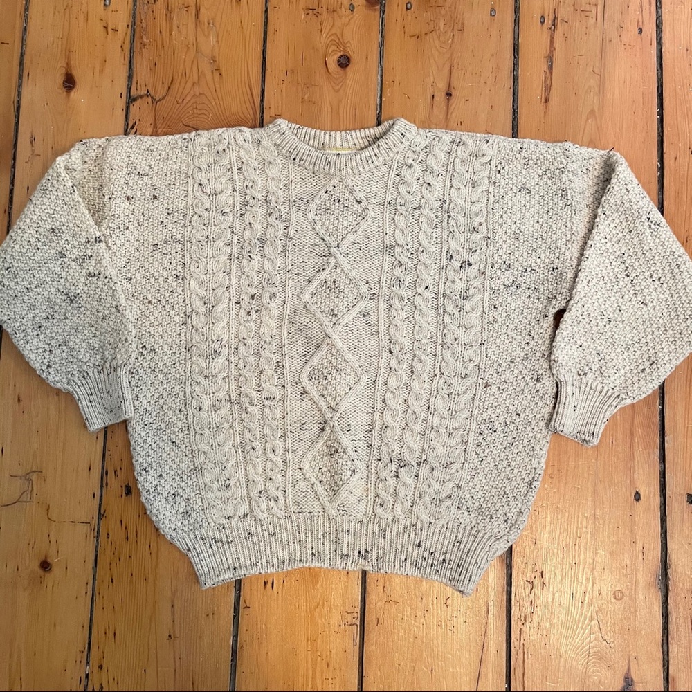 Irish Aran Fisherman Wool Knit Sweater Med Lg